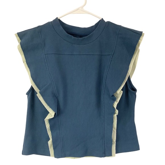 Anthropologie Tops - Anthropologie Mixed Media Ruffle Ribbed Striped Button Back Top Blue Medium